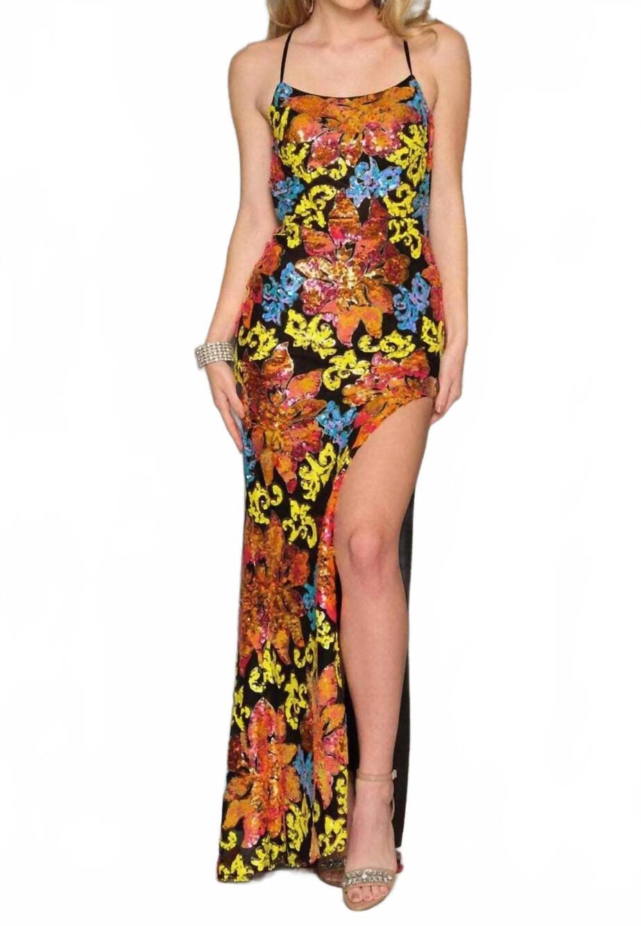 NEW DAVE & JOHNNY sequin floral long gown in black multi